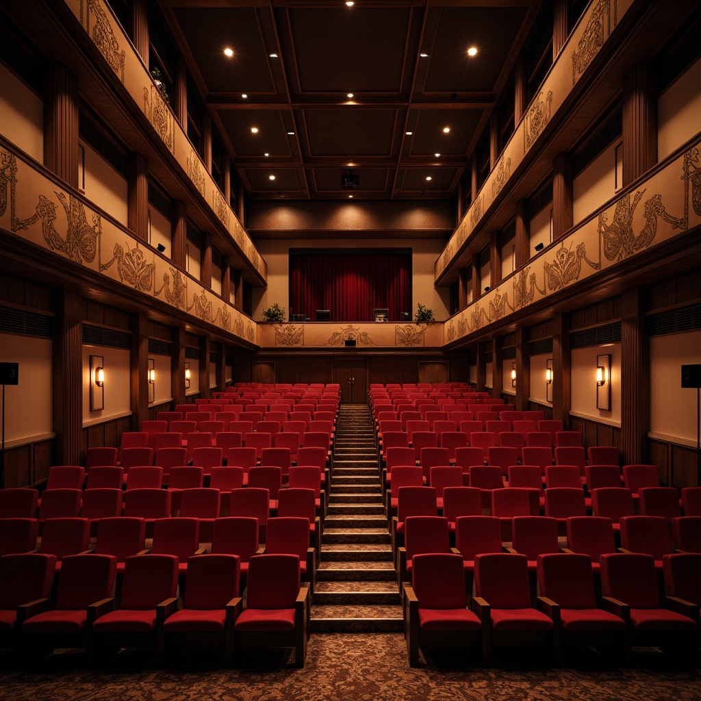 Prompt: Theater interior, sound-absorbing materials, acoustic panels, dark wood accents, plush red seats, ornate golden details, soft box lighting, warm ambient glow, 1/2 composition, shallow depth of field, realistic textures, ambient occlusion, optimal sound quality, clear audio resonance, minimal echo, speech clarity, music warmth, audience comfort.