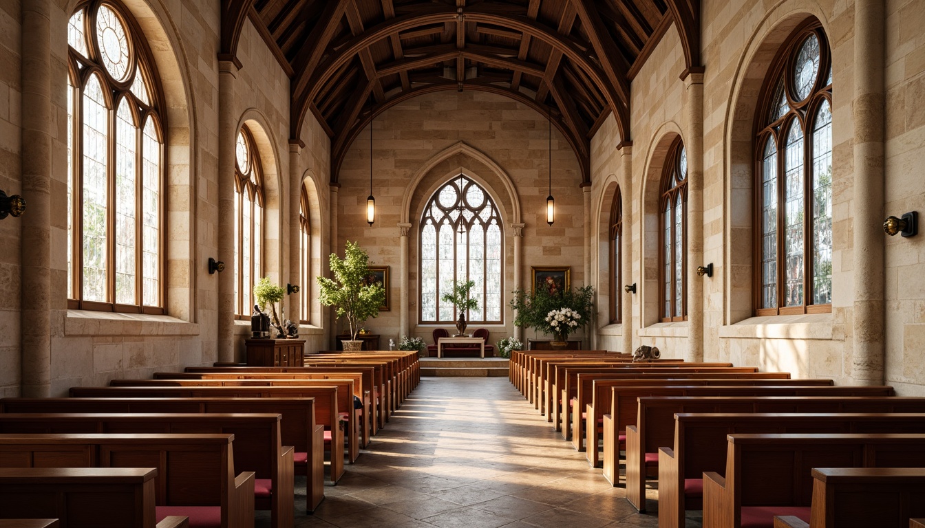 Prompt: Elegant church interior, ornate wooden pews, stained glass windows, vaulted ceilings, rustic stone walls, warm beige tones, comfortable velvet upholstery, antique bronze accents, refined Gothic arches, soft diffused lighting, subtle textures, 1/2 composition, symmetrical balance, realistic rendering, ambient occlusion.