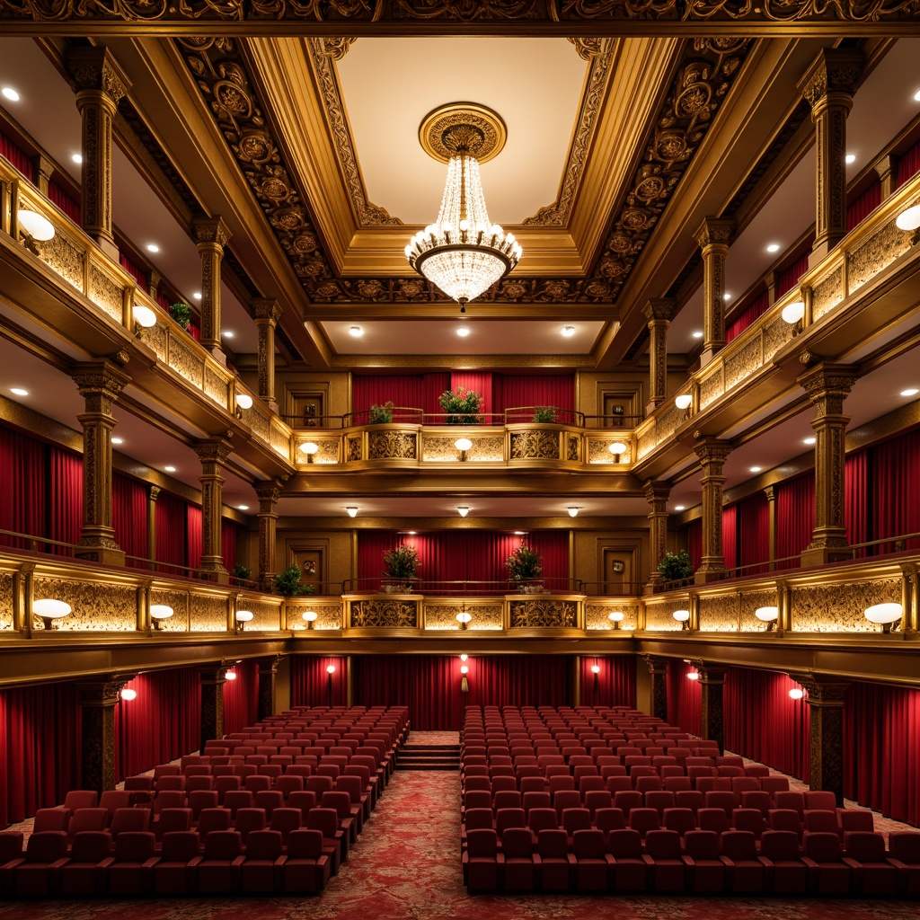 Prompt: Elegant auditorium, ornate golden balconies, crimson velvet seats, intricately carved wooden armrests, polished bronze handrails, grand chandelier, rich red curtains, decorative ceiling moldings, classic Greek columns, refined architectural details, warm soft lighting, shallow depth of field, 2/3 composition, symmetrical perspective, highly detailed textures, subtle ambient occlusion.