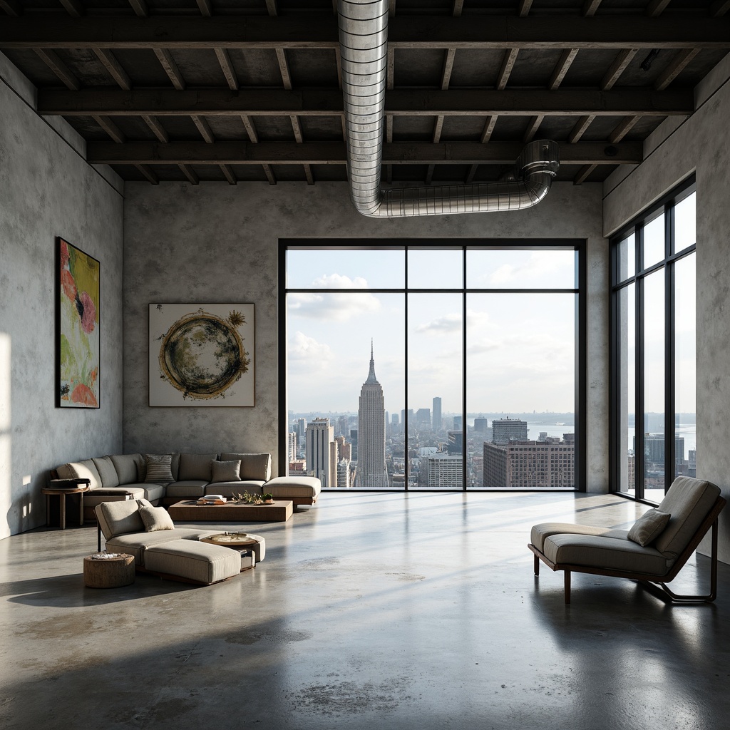 Prompt: Minimalist pavilion, open floor plan, Bauhaus-inspired architecture, industrial chic aesthetic, exposed ductwork, polished concrete floors, steel beams, large windows, sliding glass doors, natural light, airy atmosphere, modern furniture, sleek lines, geometric shapes, monochromatic color scheme, urban landscape, city views, cloudy sky, soft diffused lighting, shallow depth of field, 2/3 composition, symmetrical framing, high-contrast textures, ambient occlusion.