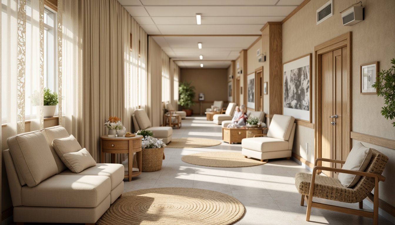 Prompt: Soft cotton fabrics, gentle lace trims, warm beige tones, distressed wood accents, vintage medical equipment, natural woven baskets, plush area rugs, comfortable oversized furniture, serene hospital corridors, calming pastel colors, softbox lighting, shallow depth of field, 1/1 composition, realistic textures, ambient occlusion.