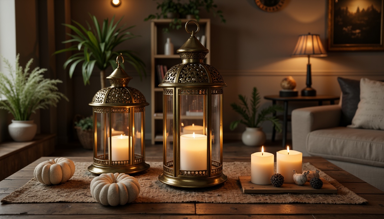 Prompt: Elegant lanterns, warm soft glow, bronze metalwork, ornate details, creamy whites, rich wood tones, rustic charm, vintage accents, distressed finishes, natural textiles, earthy palette, subtle patterns, refined simplicity, cozy ambiance, intimate scale, warm color temperature, layered lighting, ambient illumination, 3/4 composition, realistic textures.