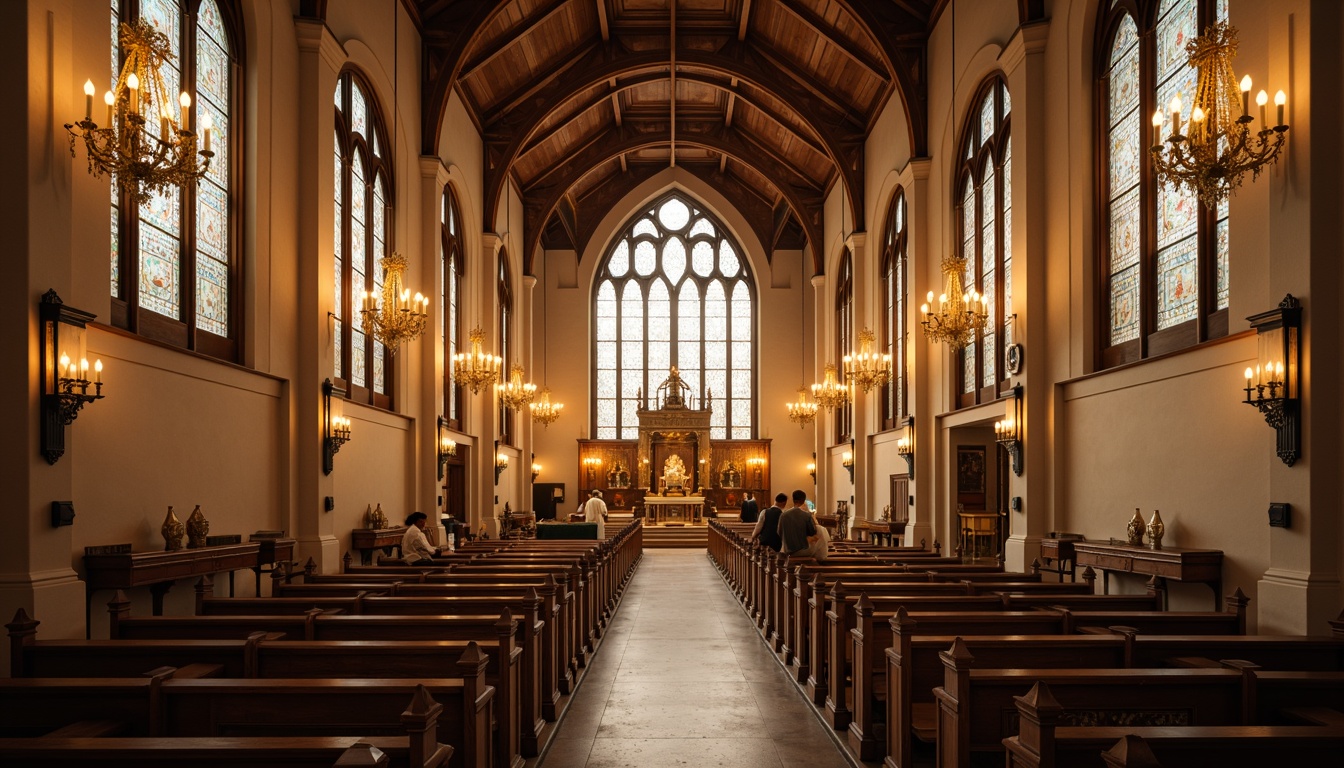 Prompt: Elegant church interior, vaulted ceilings, stained glass windows, ornate pews, subtle warm lighting, suspended lanterns, grand chandeliers, soft ambient glow, LED candlelight, warm beige tones, rich wood accents, ornate metalwork, vertical illumination, 1/2 composition, realistic textures, atmospheric lighting.