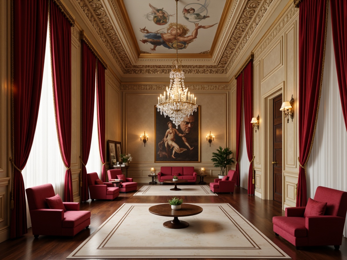 Prompt: Rich velvet drapes, ornate golden frames, soft warm beige walls, luxurious crimson red accents, intricate moldings, crystal chandeliers, plush burgundy armchairs, polished dark wood floors, subtle cream-colored marble, dramatic scarlet curtains, elegant bronze fixtures, lavish fresco ceilings, sophisticated neutral tones, warm ambient lighting, shallow depth of field, 2/3 composition, symmetrical arrangement, realistic textures, ambient occlusion.