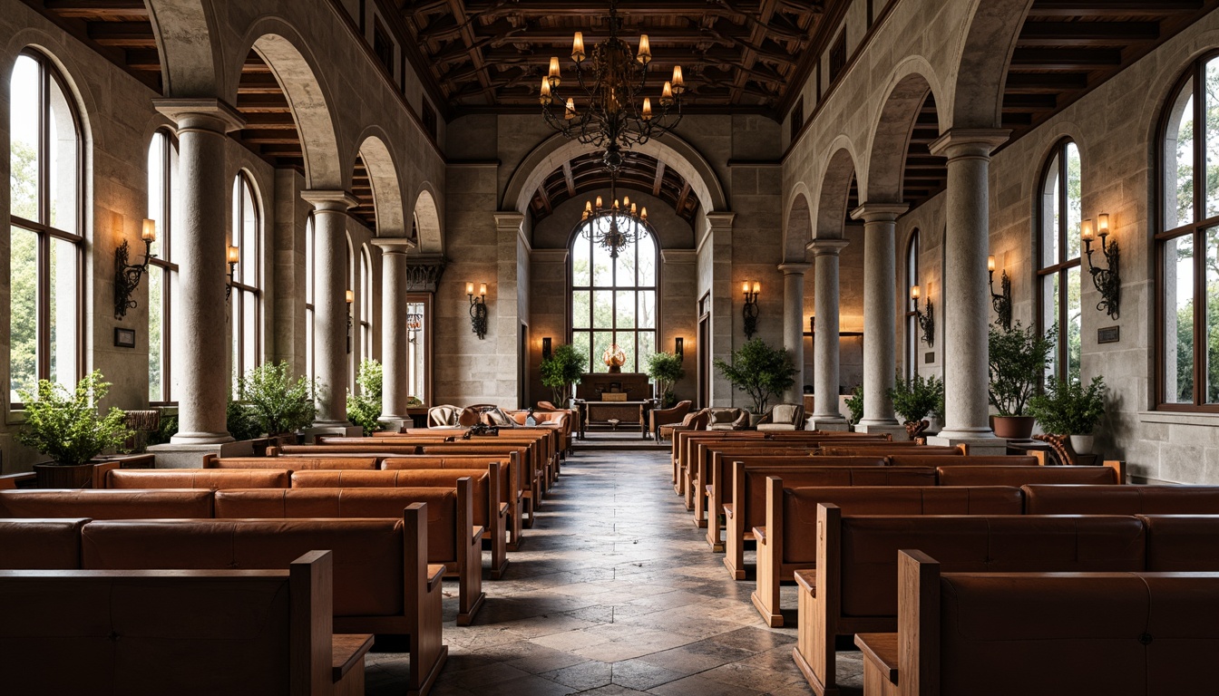 Prompt: Rustic wooden pews, ornate stone columns, grand vaulted ceilings, stained glass windows, luxurious velvet upholstery, distressed leather accents, reclaimed wood flooring, modern minimalist chandeliers, warm ambient lighting, soft natural textures, earthy color palette, serene atmosphere, subtle industrial touches, elegant archways, symmetrical composition, 1/1 aspect ratio, shallow depth of field, realistic reflections.