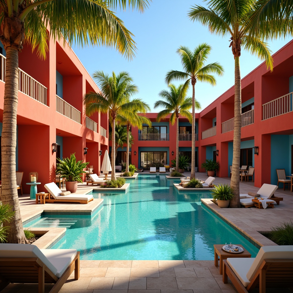 Prompt: Vibrant beachside resort, bright coral walls, turquoise pool water, lush palm trees, colorful tiki torches, wooden deck chairs, nautical rope railings, ocean-inspired mosaics, sunny day, warm golden lighting, shallow depth of field, 1/1 composition, realistic textures, ambient occlusion.