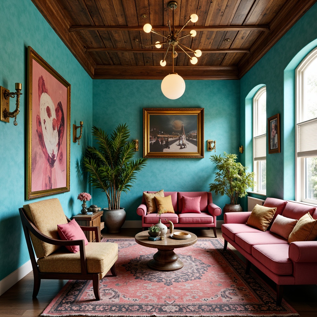 Prompt: Vibrant eclectic interior, bold turquoise accents, rich golden frames, soft blush pink hues, distressed wood textures, vintage velvet fabrics, ornate metal fixtures, abstract artwork, oversized furniture pieces, mixed patterns, layered rugs, statement lighting fixtures, warm ambient glow, shallow depth of field, 1/1 composition, realistic materials, ambient occlusion.