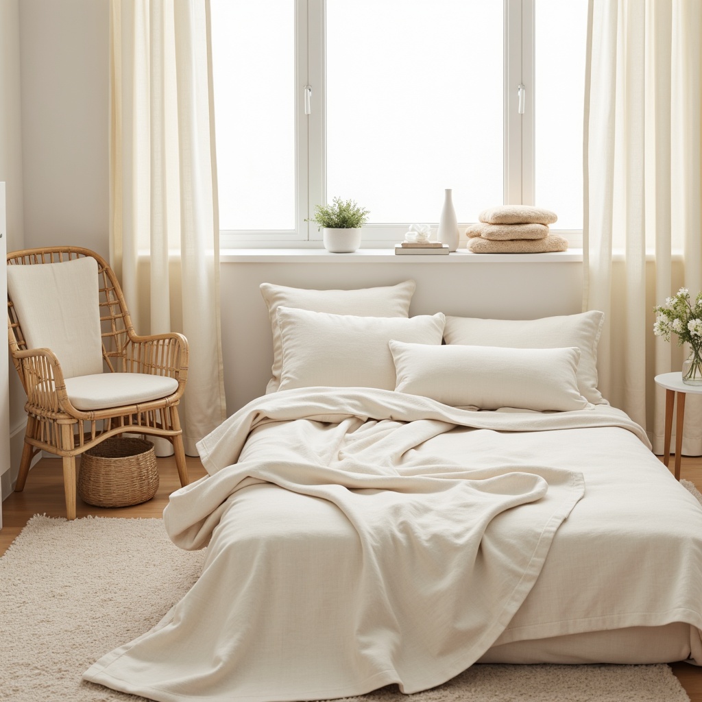 Prompt: Soft baby blankets, pastel color palette, gentle texture, cotton fabrics, soothing nursery ambiance, calming atmosphere, warm beige tones, serene white furniture, delicate lace details, plush area rugs, cozy reading nooks, natural light filtering, sheer curtains, minimal patterned textiles, subtle cream accents, peaceful relaxation zone, 1/1 composition, softbox lighting, realistic fabric renderings.