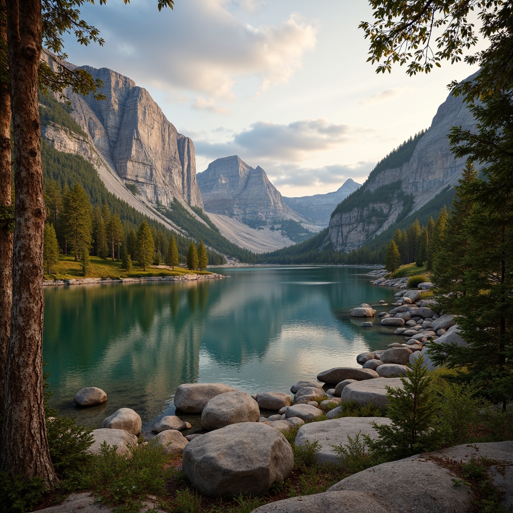 Prompt: Earth-toned mountains, serene lake waters, lush green forests, weathered tree bark, rustic wooden accents, natural stone formations, soft misty atmosphere, warm golden sunlight, gentle cloud coverage, 1/2 composition, shallow depth of field, realistic textures, ambient occlusion, earthy brown hues, mossy greens, sky blues, sandy beiges, rusty reds.