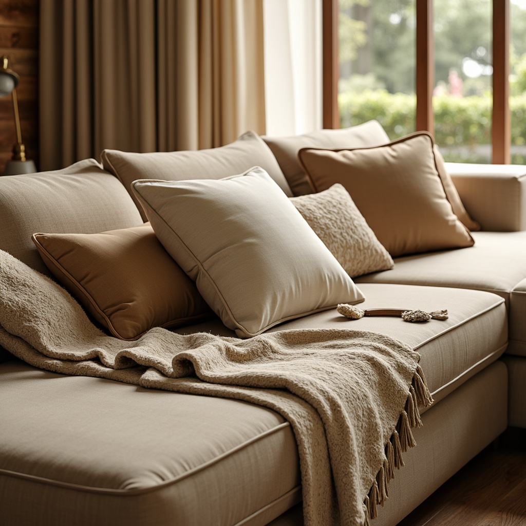 Prompt: Luxurious velvet fabrics, soft plush cushions, elegant linen textures, warm woolen blankets, sophisticated silk upholstery, calming natural fibers, soothing pastel colors, subtle sheen finishes, intricate embroidery patterns, ornate tassel details, cozy throw pillows, inviting sectional sofas, comfortable ergonomic designs, relaxing ambiance, warm golden lighting, shallow depth of field, 1/1 composition.