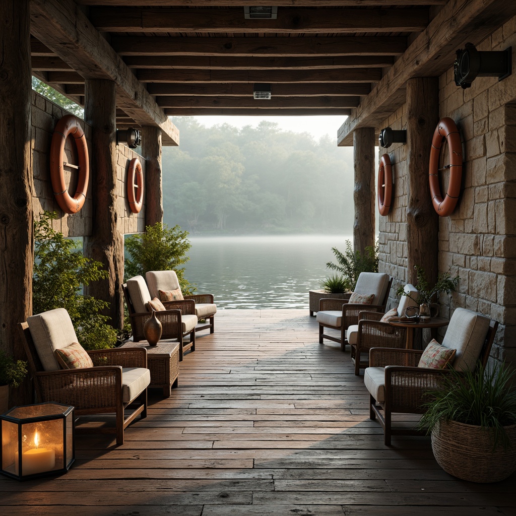 Prompt: Weathered wooden docks, rustic nautical ropes, vintage life rings, distressed metal lanterns, soft warm lighting, cozy intimate spaces, natural textiles, woven wicker furniture, earthy tone wood accents, mossy stone walls, serene lake views, misty morning atmosphere, gentle water reflections, 1/1 composition, shallow depth of field, realistic water effects.