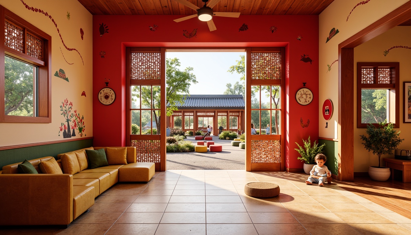 Prompt: Vibrant kindergarten, playful Asian-inspired architecture, bold red accents, ornate wooden doors, intricately carved furniture, soft warm lighting, natural materials, woven bamboo textures, colorful ceramic tiles, whimsical wall murals, educational decals, fun geometric patterns, circular windows, curved lines, minimalist decor, cozy reading nooks, plush carpeting, gentle color palette, harmonious balance of elements, shallow depth of field, 3/4 composition, panoramic view.