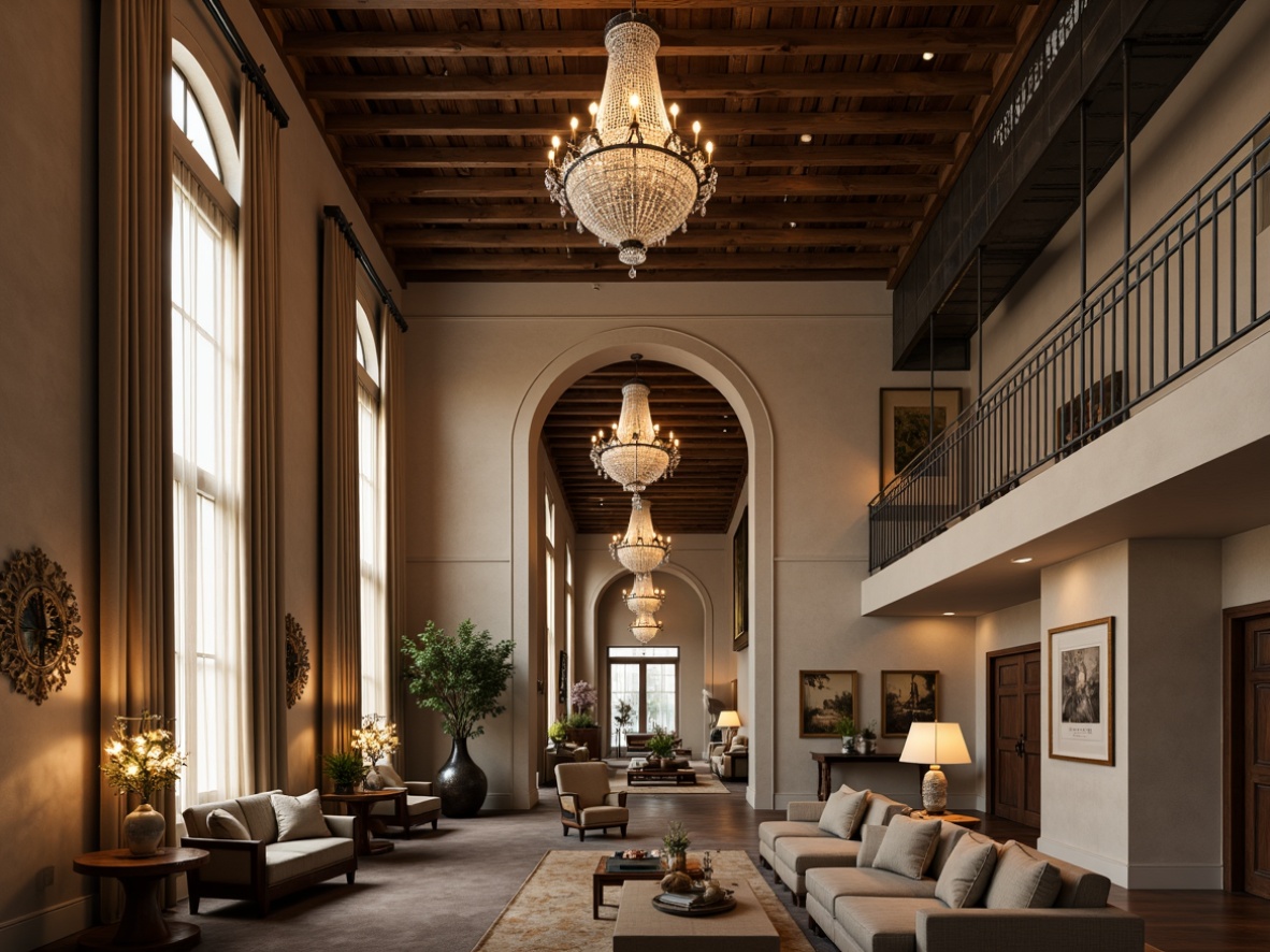 Prompt: Elegant chandeliers, crystal droplets, soft warm glow, luxurious ceiling fixtures, modern pendant lights, industrial metal shades, rustic wooden beams, cozy table lamps, floor-to-ceiling curtains, sheer fabrics, natural textiles, earthy tones, intimate atmosphere, dramatic high ceilings, grand entranceways, sophisticated urban lofts, vintage decorative accents, distressed metal finishes, warm beige walls, comfortable seating areas, relaxing ambiance, softbox lighting, 3/4 composition, realistic renderings.