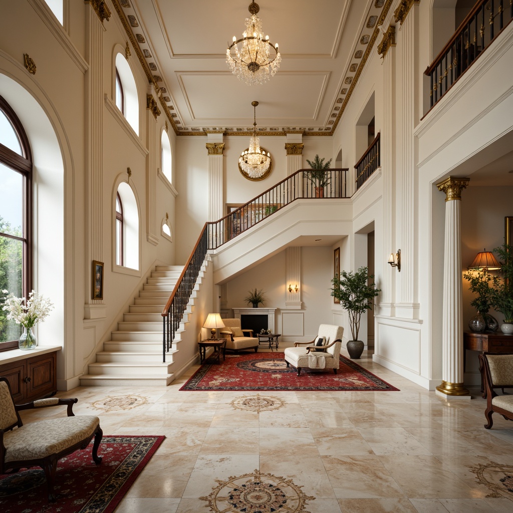 Prompt: Elegant neoclassical interior, polished marble flooring, inlaid wood patterns, ornate rugs, creamy white walls, gold leaf accents, crystal chandeliers, tall columns, archways, grand staircases, luxurious fabrics, richly patterned upholstery, subtle lighting, soft warm ambiance, shallow depth of field, 1/1 composition, realistic textures, ambient occlusion.