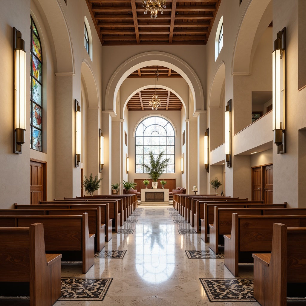 Prompt: Elegant worship hall, curved wooden pews, polished marble floors, ornate metal railings, stained glass windows, vaulted ceilings, minimalist chandeliers, soft warm lighting, subtle texture variations, richly toned wood accents, cream-colored stone walls, sleek metallic fixtures, geometric patterned rugs, atmospheric misting systems, serene ambiance, 1/1 composition, realistic reflections, ambient occlusion.