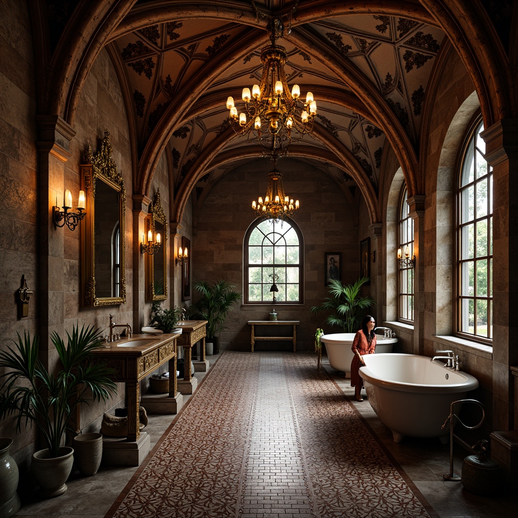 Prompt: Intricate gothic arches, ornate tile patterns, rich dark colors, luxurious marble floors, intricate mosaics, medieval-inspired designs, grandiose bathrooms, ornamental metal fixtures, lavish chandeliers, warm golden lighting, mysterious ambiance, high-contrast shading, detailed textures, realistic reflections, 1/1 composition, close-up shot, shallow depth of field.