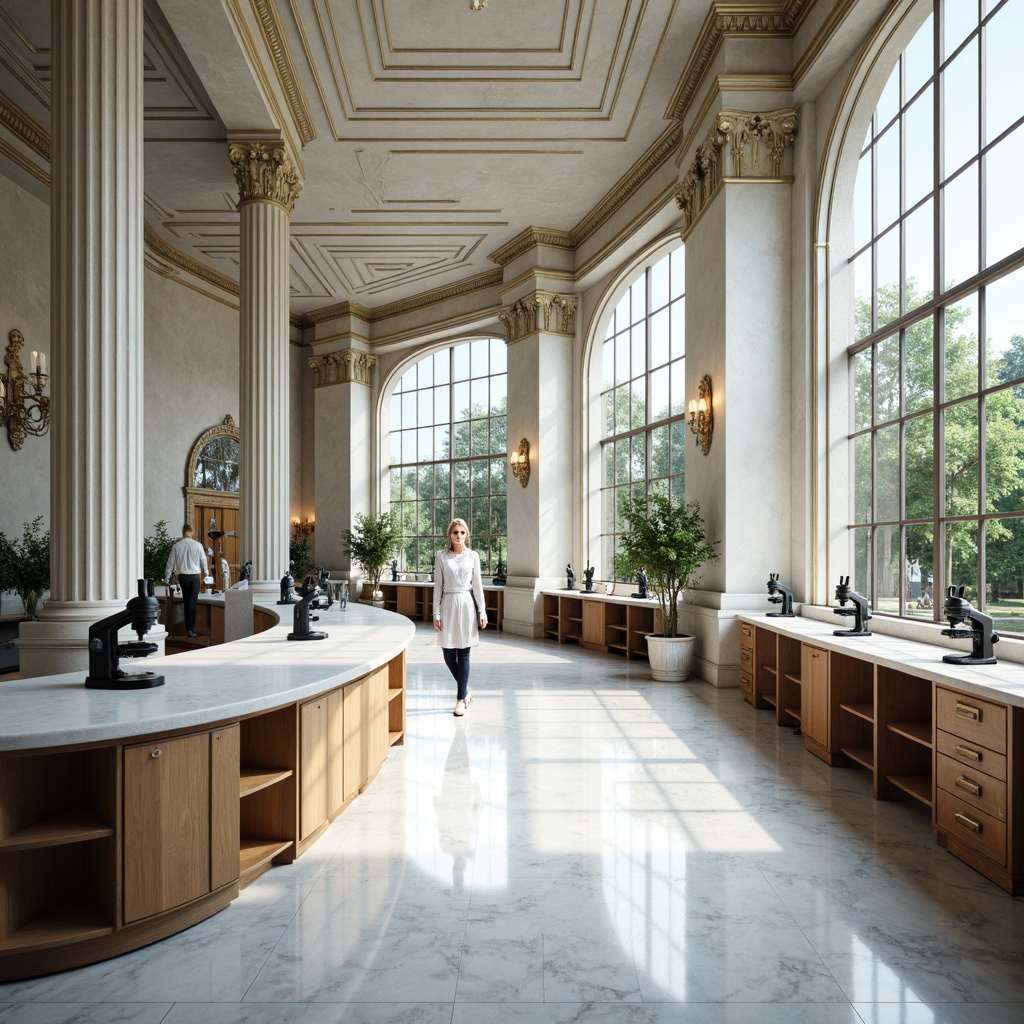 Prompt: Elegant laboratory interior, ornate columns, neoclassical details, polished marble floors, white Carrara countertops, wooden cabinetry, metallic equipment, futuristic microscopes, sleek workstations, curved glass walls, abundant natural light, softbox lighting, shallow depth of field, 1/1 composition, symmetrical framing, high-contrast textures, subtle ambient occlusion.