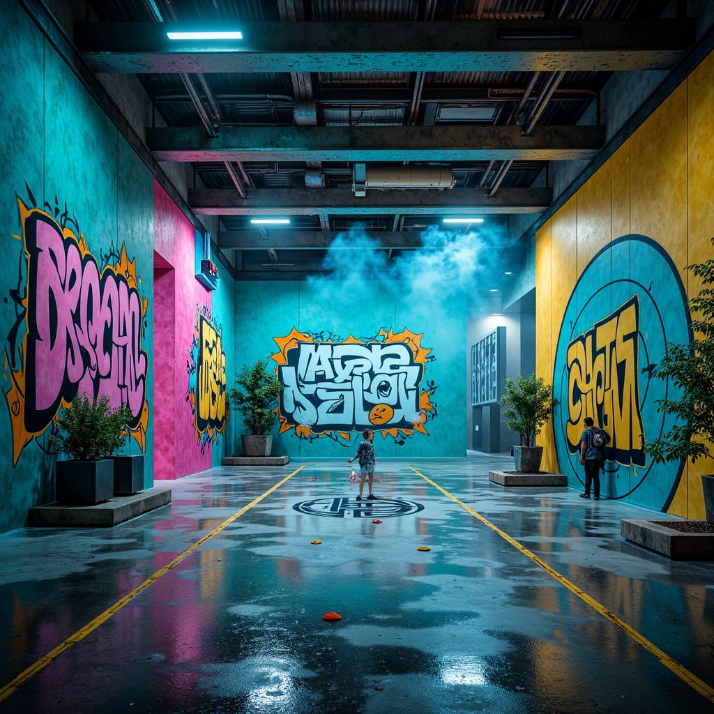 Prompt: Vibrant turquoise, neon pink accents, bold yellow, deep navy blue, metallic silver, exposed concrete, industrial steel beams, abstract graffiti patterns, geometric shapes, urban cityscape backdrop, atmospheric fog effect, dramatic spotlights, low-angle photography, 1/2 composition, cinematic color grading.This color palette combines bright, bold colors with industrial and urban elements to create a dynamic and energetic atmosphere. The postmodernism style is characterized by its playfulness and irreverence, which is reflected in the use of neon pink accents and abstract graffiti patterns. The metallic silver and exposed concrete add an edgy, modern feel, while the deep navy blue provides a sense of depth and stability.