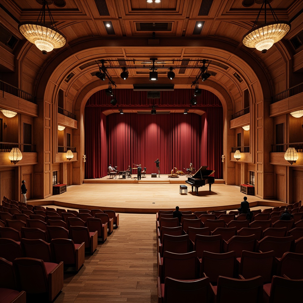 Prompt: Intimate concert hall, rich wood tones, velvet curtains, plush seating, ornate chandeliers, sound-absorbing panels, diffused ceiling lights, curved architectural lines, grand pianos, spotlights, professional audio equipment, acoustic screens, adjustable reverberation systems, tiered seating areas, dramatic stage designs, warm ambient lighting, high ceilings, wooden floors, sophisticated soundproofing materials, 3D modeling software, realistic rendering styles, cinematic camera angles, shallow depth of field.