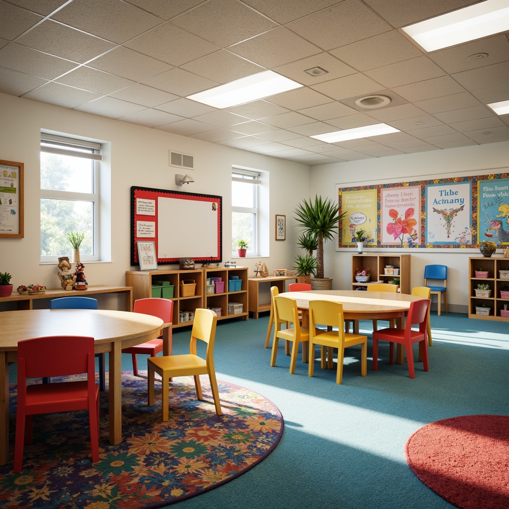 Prompt: Vibrant elementary school classroom, colorful desks, ergonomic chairs, wooden tables, collaborative workstations, interactive whiteboards, inspirational educational posters, soft carpeted floors, acoustic ceiling tiles, natural light pouring in, flexible seating arrangements, modular shelving units, cozy reading nooks, playful rug patterns, durable plastic storage bins, accessible bookshelves, cheerful decorative accents, warm task lighting, 1/1 composition, realistic textures, ambient occlusion.