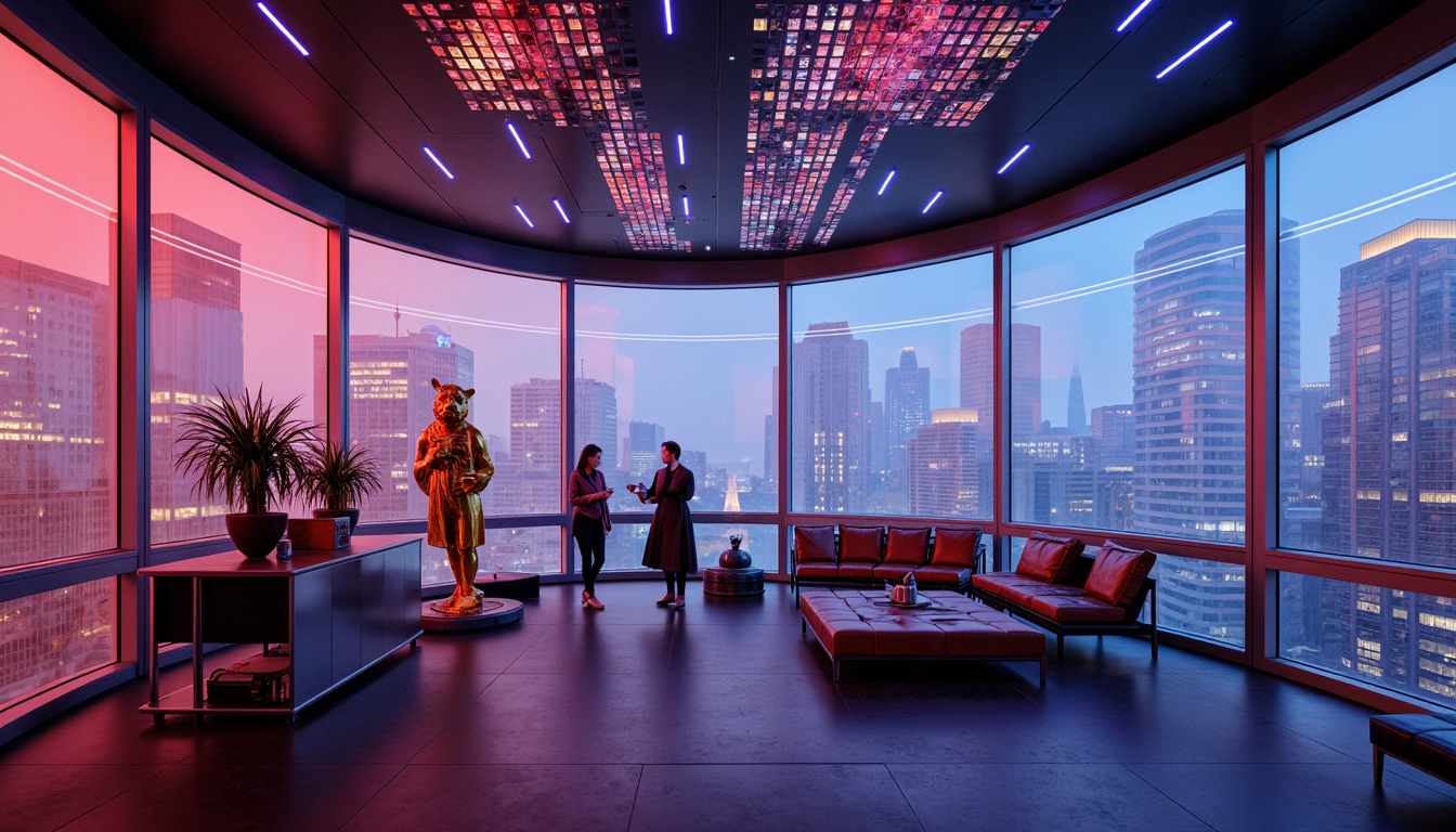 Prompt: Futuristic interior spaces, neon-lit ambiance, glowing LED strips, holographic projections, ambient luminescent ceilings, iridescent glass surfaces, metallic accents, minimalist decor, sleek lines, modernist furniture, avant-garde sculptures, futuristic cityscapes, cyberpunk-inspired aesthetic, vibrant color schemes, immersive lighting experiences, 360-degree panoramic views, high-contrast ratios, dramatic shadows, soft focus blur, cinematic lighting effects.