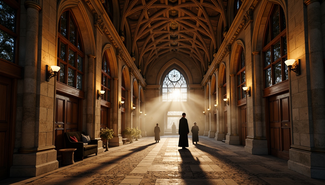 Prompt: Intricate stone carvings, ribbed vaulted ceilings, pointed arches, grand wooden doors, ornate metalwork, stained glass windows, rich velvet drapes, intricate tile patterns, polished marble floors, mystical ambiance, warm golden lighting, atmospheric fog, dramatic chiaroscuro, cinematic composition, 1/1 aspect ratio, high contrast ratio.