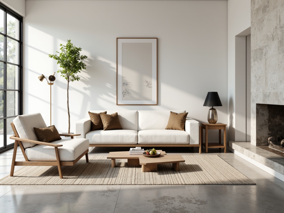 Prompt: Monochromatic living room, sleek low-profile furniture, minimal ornamentation, creamy white walls, polished concrete floors, sparse greenery, industrial metal accents, geometric patterns, natural textiles, ambient soft lighting, shallow depth of field, 1/1 composition, realistic reflections, subtle gradient colors.