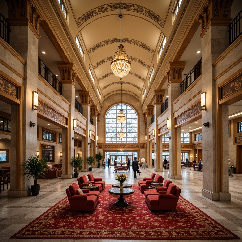 Prompt: Richly ornate airport terminal, lavish golden accents, intricate Baroque patterns, velvety red carpeting, polished marble floors, grandiose chandeliers, opulent bronze fixtures, luxurious velvet furniture, warm beige walls, elegant cream ceilings, majestic stone columns, stunning stained glass windows, softbox lighting, 1/2 composition, atmospheric fog effect, highly detailed textures, subtle ambient occlusion.