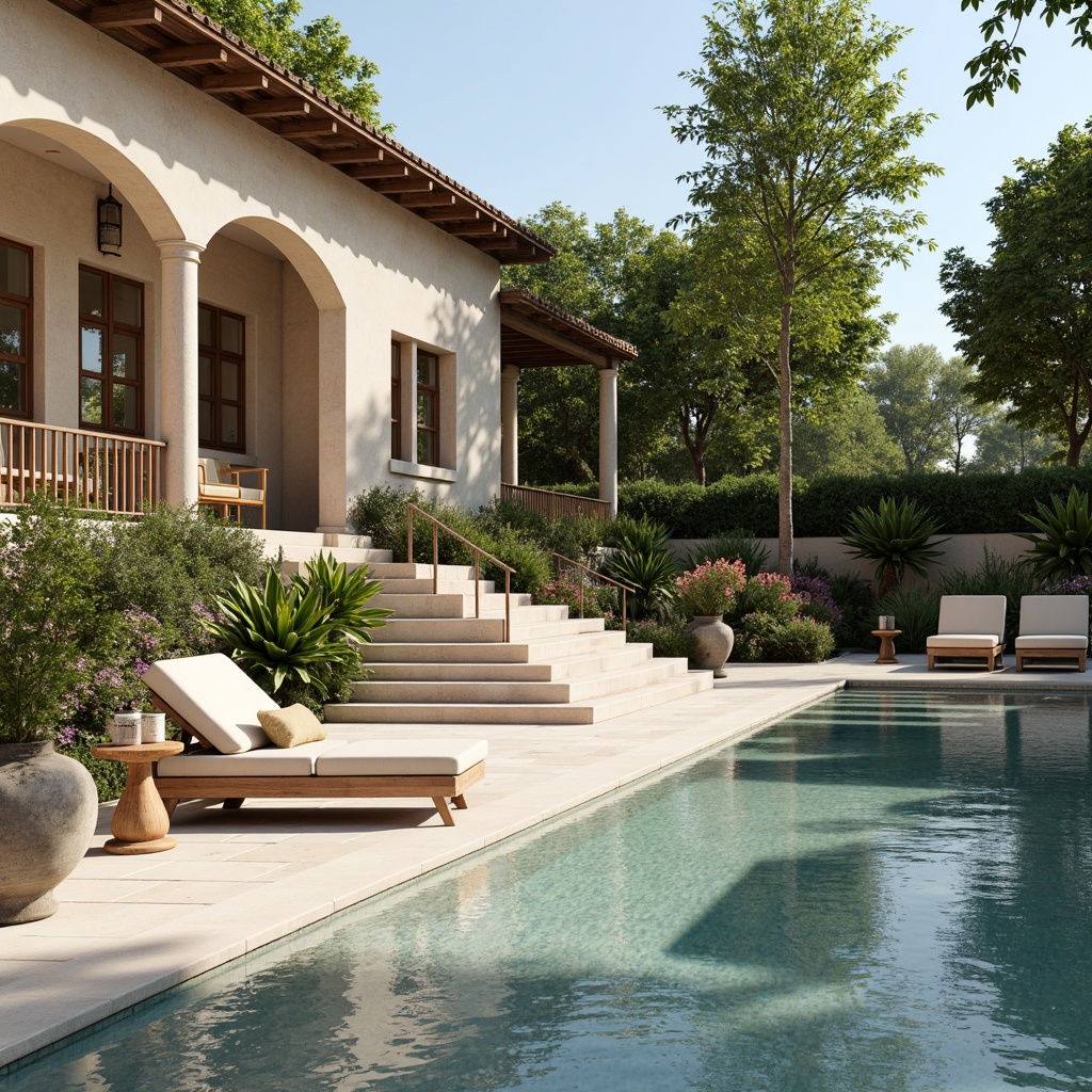 Prompt: Timeless pool deck, travertine flooring, ornate balusters, curved staircases, grand columns, soft beige stucco walls, elegant lanterns, lush greenery, vibrant flower arrangements, comfortable outdoor furniture, plush cushions, natural stone water features, sparkling blue pool water, warm sunny day, gentle breeze, shallow depth of field, 3/4 composition, realistic textures, ambient occlusion.