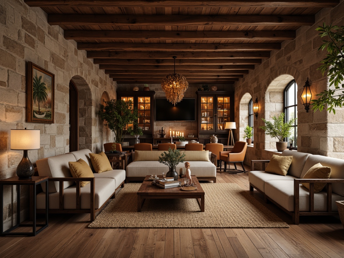 Prompt: Rustic luxurious interior, reclaimed wooden planks, distressed stone walls, earthy tone color palette, natural textiles, woven jute rugs, vintage metal accents, antique furnishings, ornate wooden cabinetry, warm candle lighting, soft warm glow, shallow depth of field, 1/1 composition, realistic textures, ambient occlusion.