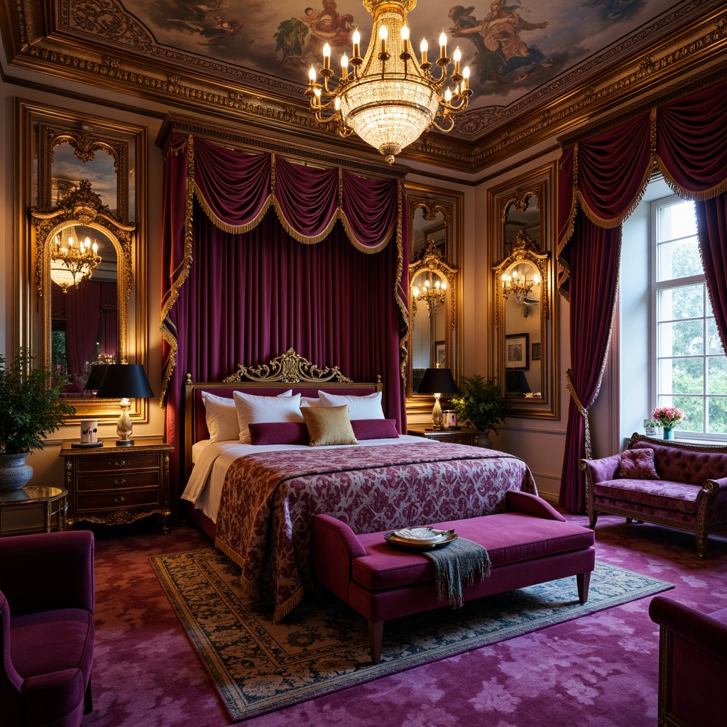 Prompt: Luxurious bedroom, rich velvet fabrics, intricate golden filigree, ornate mirrors, carved wooden furniture, lavish crystal chandeliers, soft warm lighting, intimate atmosphere, plush carpets, heavy drapery, regal purple hues, gilded accents, delicate lace trim, opulent furnishings, curved lines, dramatic archways, grandiose ceiling designs, fresco-inspired artwork, lavish tapestries, antique furniture pieces, romantic ambiance, 1/2 composition, warm color palette, realistic textures, ambient occlusion.