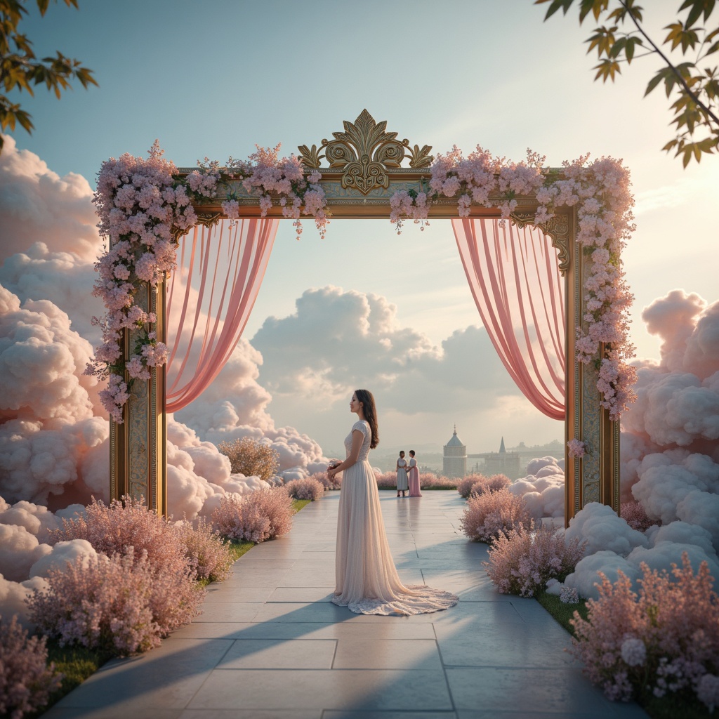 Prompt: Whimsical fantasy realm, dreamy clouds, pastel colors, delicate florals, ornate frames, lavish fabrics, bejeweled accents, soft warm lighting, gentle mist, shallow depth of field, 1/1 composition, intimate portrait view, romantic ambiance, elegant typography, luxurious textures, subtle animations.