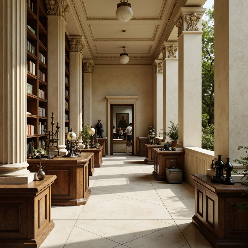 Prompt: Elegant laboratory interior, Neoclassical columns, ornate capitals, polished marble floors, cream-colored walls, antique scientific instruments, wooden cabinetry, vintage microscopes, distressed leather-bound books, traditional lanterns, soft warm lighting, shallow depth of field, 1/2 composition, symmetrical framing, realistic textures, ambient occlusion.