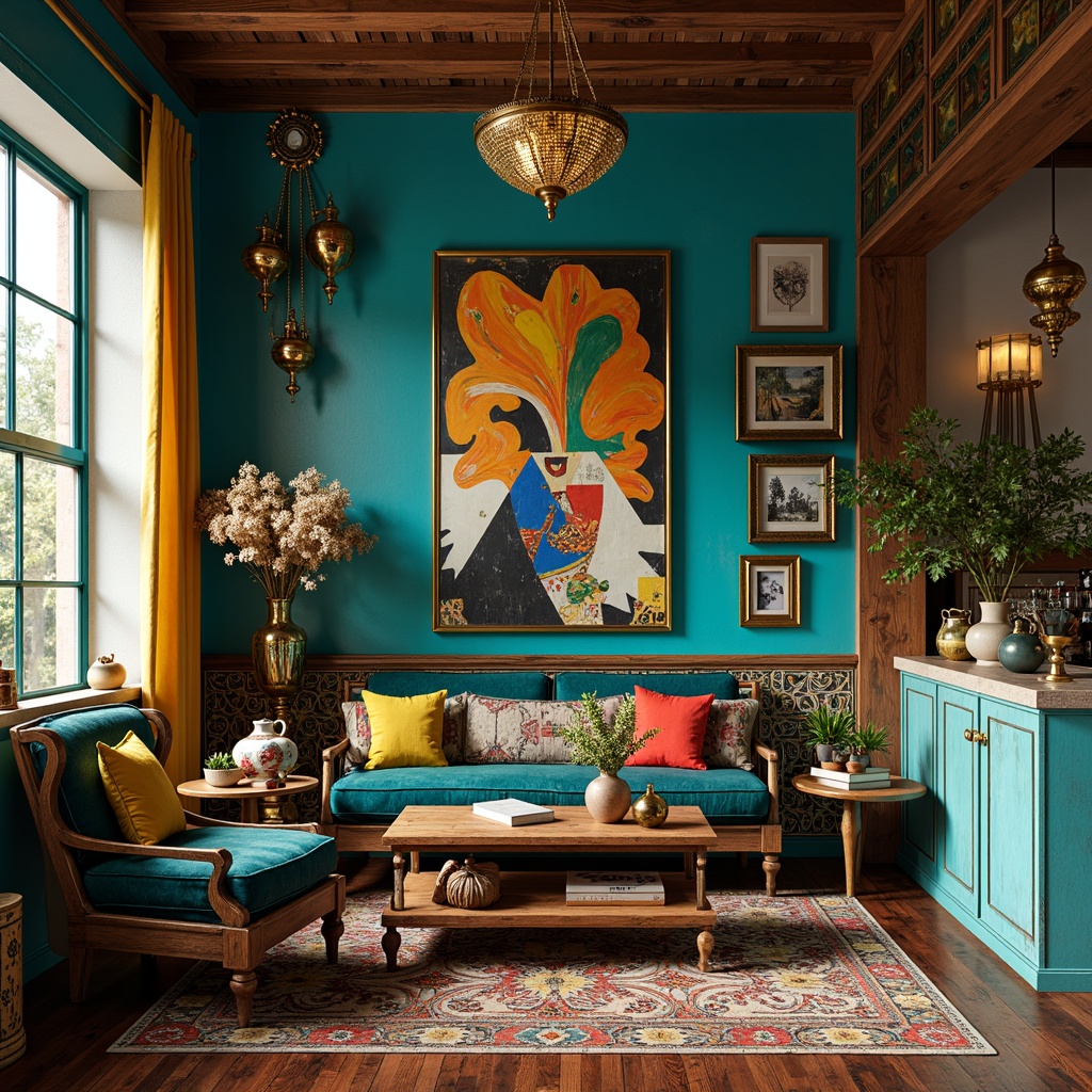 Prompt: Vibrant eclectic interior, bold color palette, turquoise accents, rich wood tones, distressed textures, abstract art pieces, plush velvet furniture, metallic gold lighting fixtures, ornate vintage decor, layered patterns, Moroccan-inspired tiles, statement walls, eclectic accessories, bohemian vibes, warm ambient lighting, shallow depth of field, 1/2 composition, cinematic view, realistic renderings.