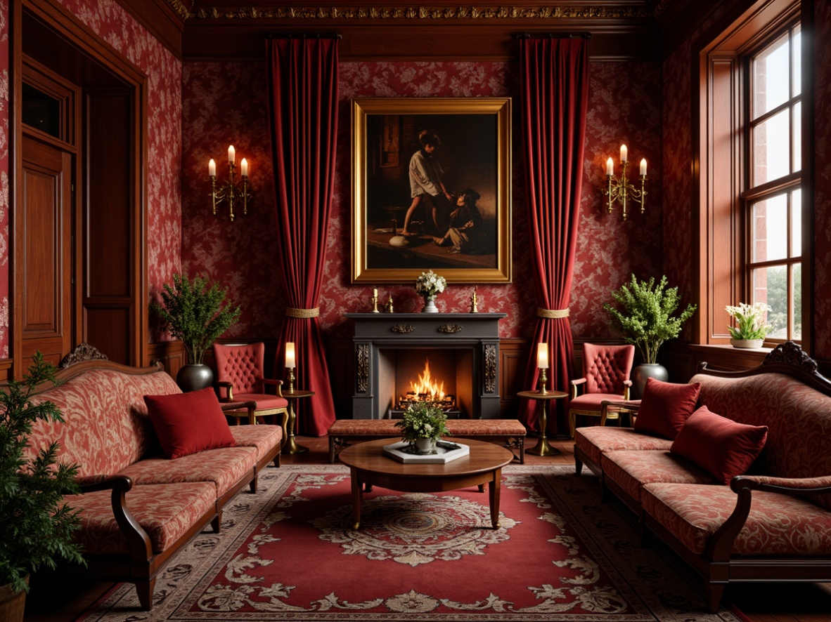 Prompt: Rich velvet fabrics, intricate floral patterns, ornate golden frames, luxurious silk drapes, heavy brocade curtains, plush cushions, tufted upholstery, carved wooden furniture, warm candlelight, soft warm ambiance, 1/1 composition, realistic textures, ambient occlusion.