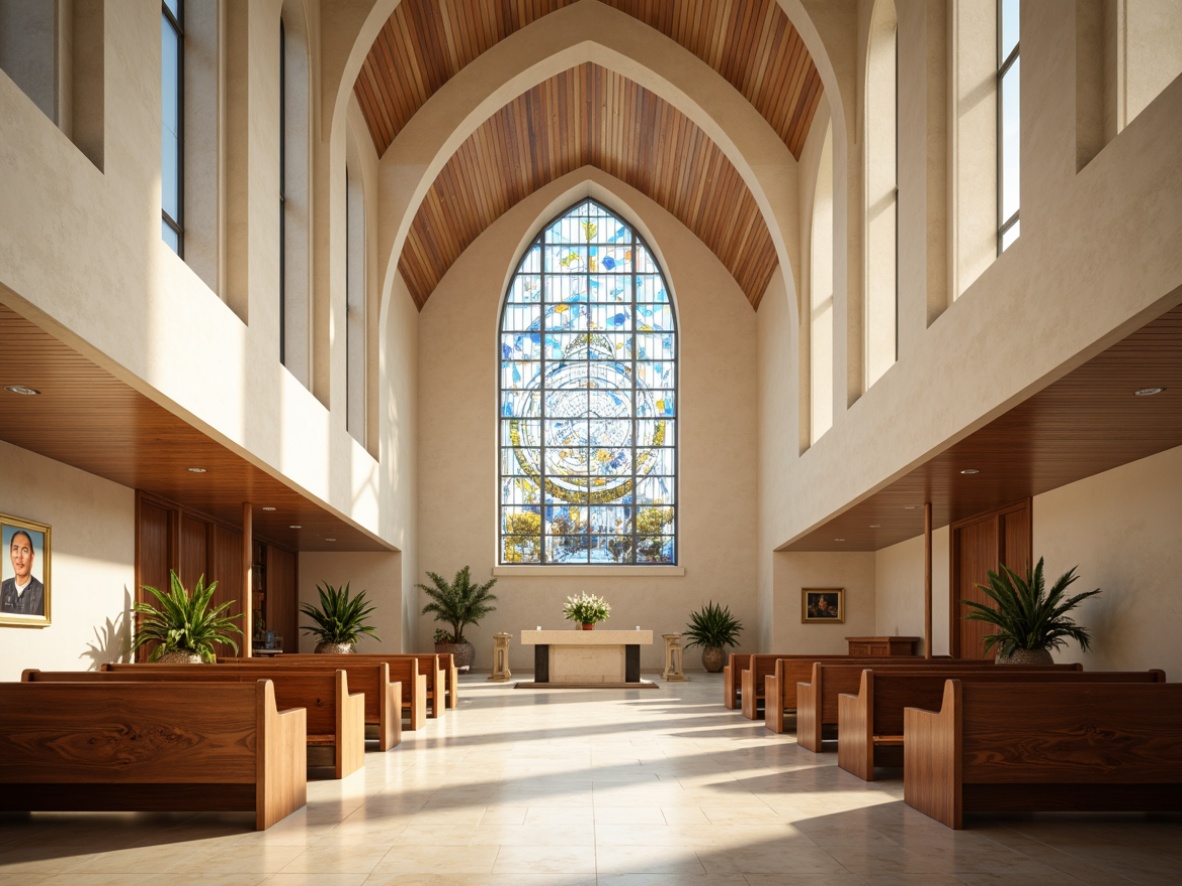 Prompt: Sleek modern church, curved lines, minimalist decor, calming atmosphere, soft natural light, cream marble floors, warm beige walls, rich walnut wood accents, stained glass windows, vibrant blue and gold hues, ornate bronze details, subtle texture overlays, shallow depth of field, 1/1 composition, symmetrical framing, realistic reflections, ambient occlusion.