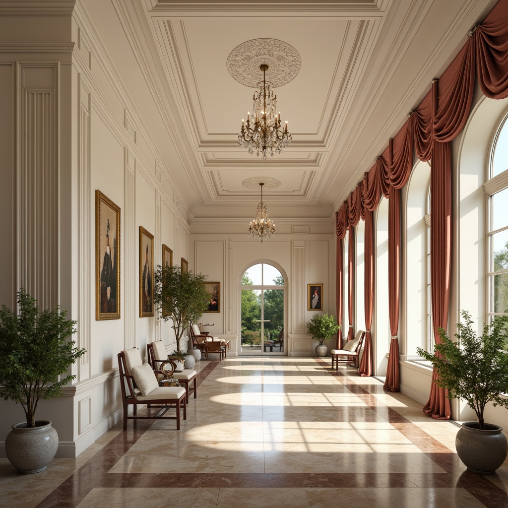 Prompt: Elegant neoclassical interior, ornate molding designs, creamy white walls, rich wood paneling, polished marble floors, crystal chandeliers, intricate ceiling patterns, ornamental archways, lavish furnishings, velvet drapes, gilded frames, soft warm lighting, shallow depth of field, 3/4 composition, realistic textures, ambient occlusion.