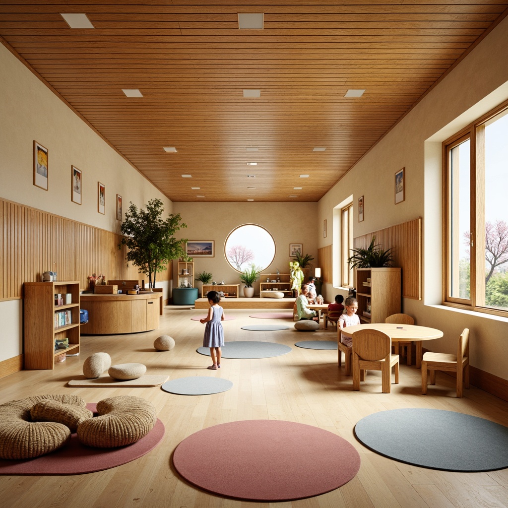 Prompt: Vibrant kindergarten interior, wooden furniture, natural materials, woven bamboo accents, colorful textiles, soft cushions, rounded edges, safety-first design, educational toys, interactive play areas, mini stages, puppet theaters, reading nooks, cozy corners, gentle lighting, warm beige tones, Asian-inspired patterns, cherry blossom motifs, circular windows, sliding doors, indoor plants, calming atmosphere, shallow depth of field, 1/1 composition, realistic textures.