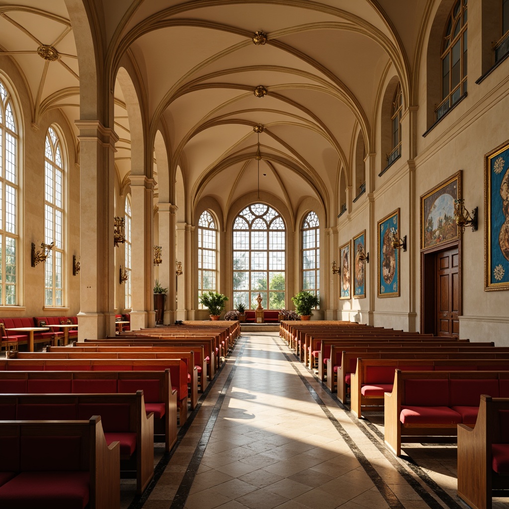 Prompt: Elegant church interior, warm beige walls, rich wood accents, subtle stone textures, soft cream ceilings, ornate stained glass windows, vibrant red accent chairs, calming blue tapestries, polished bronze fixtures, natural light pouring in, warm golden lighting, 1/2 composition, intimate atmosphere, realistic renderings, ambient occlusion.