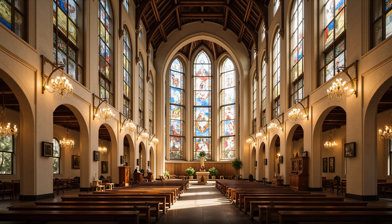 Prompt: Grand cathedral interior, high ceilings, stunning stained glass windows, ornate chandeliers, warm soft lighting, subtle shadows, ambient illumination, pews, altar, lectern, baptismal font, intricate architectural details, golden accents, cream-colored walls, wooden beams, dramatic vaulted ceiling, natural light pouring in, diffused warm glow, 1/1 composition, realistic textures, detailed normal maps.