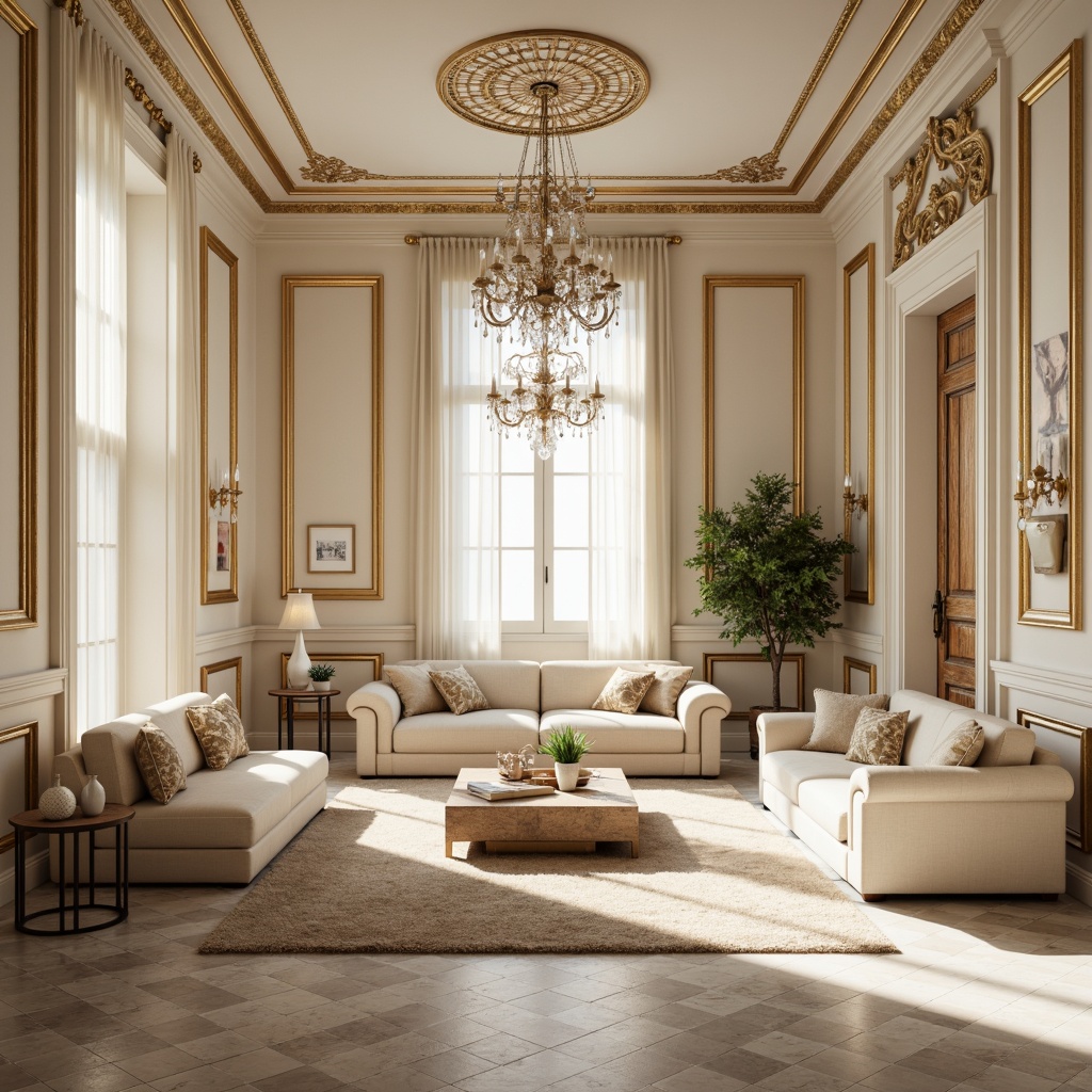 Prompt: Elegant neoclassical interior, soft creamy whites, warm beige tones, rich wood accents, ornate gold details, intricate moldings, subtle cream marble, lavish velvet fabrics, dramatic crystal chandeliers, sophisticated furnishings, refined architectural elements, subtle gradient lighting, cinematic 1/2 composition, realistic textures, ambient occlusion.