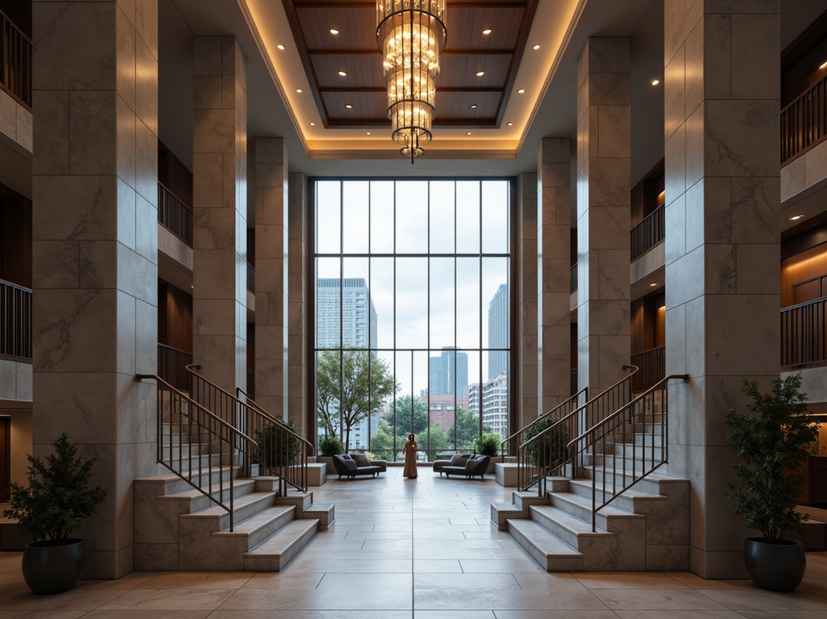 Prompt: Grand courthouse entrance, sleek modern columns, polished marble floors, high ceilings, dramatic staircase, ornate metal railings, sophisticated chandeliers, recessed lighting, subtle color temperature, warm ambient glow, softbox lights, minimalist decor, natural stone walls, large windows, urban cityscape views, cloudy day, diffused soft light, 1/1 composition, realistic textures, ambient occlusion.