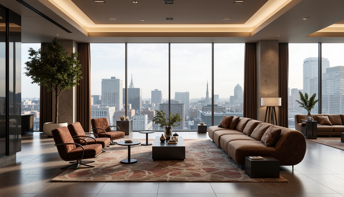 Prompt: Sleek streamline moderne spaces, luxurious velvet sofas, curved chrome legs, tufted leather armchairs, minimalist coffee tables, geometric patterned rugs, polished marble floors, metallic accents, floor-to-ceiling windows, urban city views, soft warm lighting, shallow depth of field, 3/4 composition, panoramic view, realistic textures, ambient occlusion.