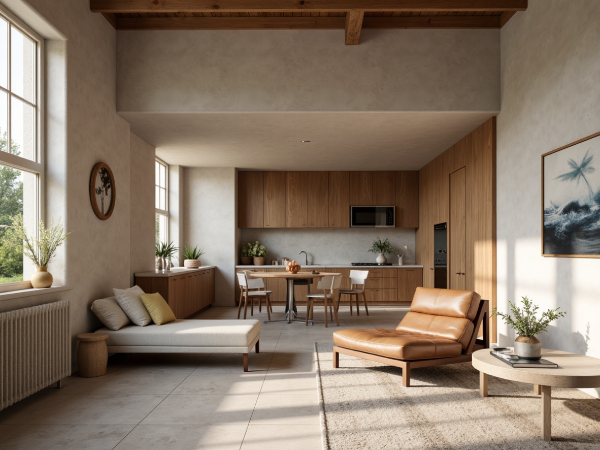 Prompt: Neutral beige walls, rich wood accents, warm earthy tones, soothing blues, crisp whites, subtle grays, natural stone flooring, wooden cabinetry, minimalist metal fixtures, comfortable leather furniture, softbox lighting, 1/1 composition, shallow depth of field, realistic textures, ambient occlusion.