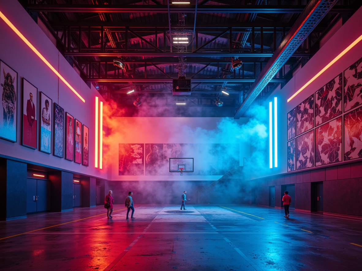 Prompt: Dramatic gymnasium interior, postmodernist architecture style, bold color schemes, neon light accents, futuristic LED strips, high-contrast shadows, dynamic spotlights, overhead trusses, industrial metal beams, polished concrete floors, exposed ductwork, geometric patterned walls, angular lines, abstract art installations, athletic equipment silhouettes, warm ambient glow, low-key lighting, 1/2 composition, cinematic framing, atmospheric haze, detailed textures, subtle depth of field.