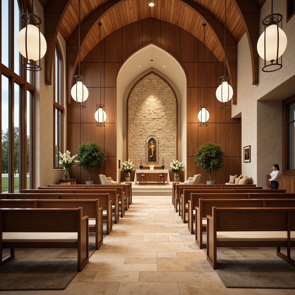 Prompt: Transitional style church interior, warm beige stone flooring, rich dark wood accents, elegant cream-colored pews, ornate metal chandeliers, high ceilings with soft warm lighting, subtle texture contrasts, natural material blends, harmonious color palette, serene atmosphere, traditional architectural elements, modern minimalist touches, polished marble alter, stained glass windows, soft carpeted aisles, 1/1 composition, realistic textures, ambient occlusion.