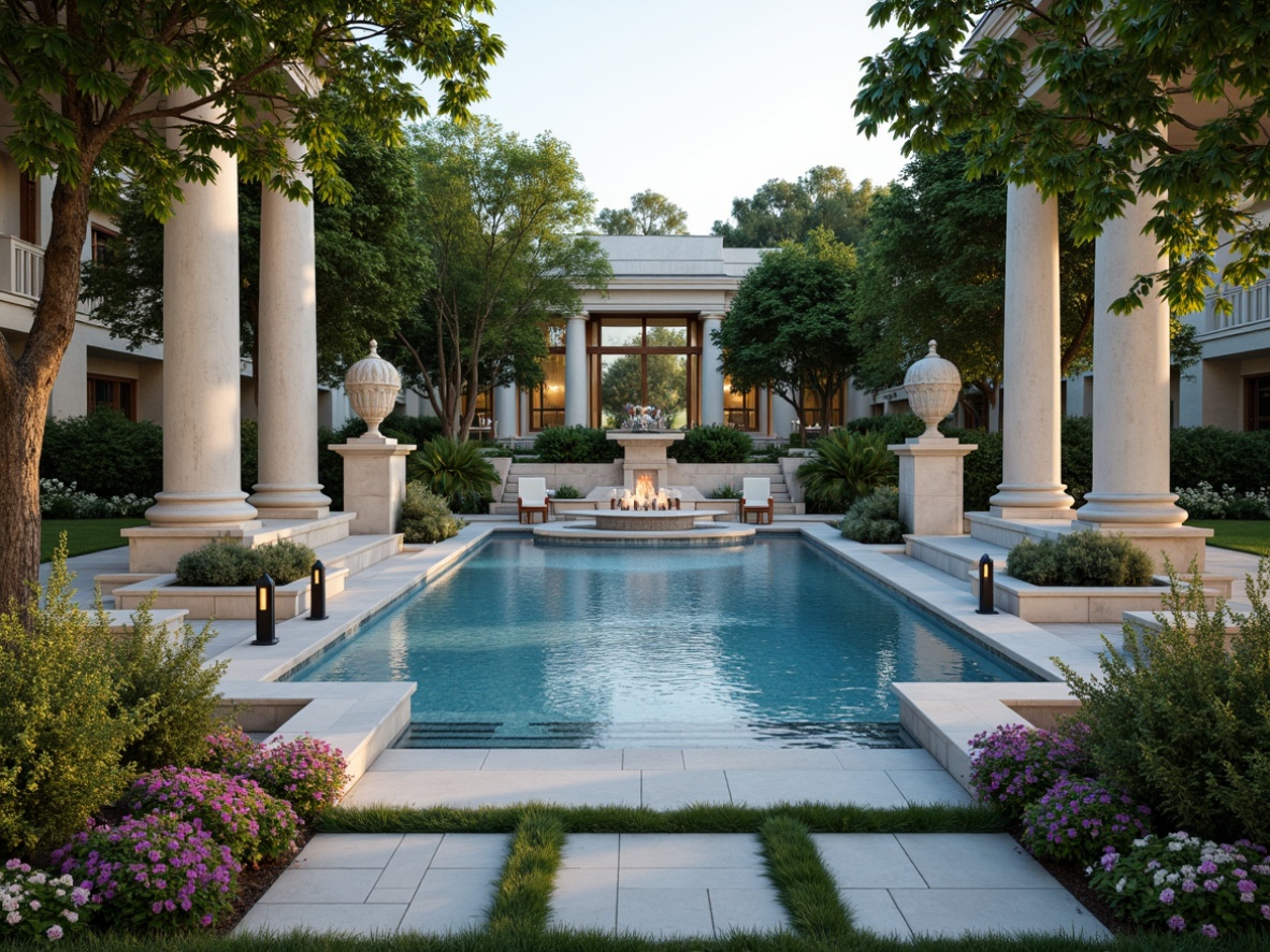 Prompt: Elegant classicism swimming pool, ornate stone coping, symmetrical layout, majestic columns, grand fountain features, lush greenery, vibrant flowers, manicured lawns, natural stone pathways, decorative lanterns, soft warm lighting, shallow depth of field, 1/1 composition, realistic textures, ambient occlusion.