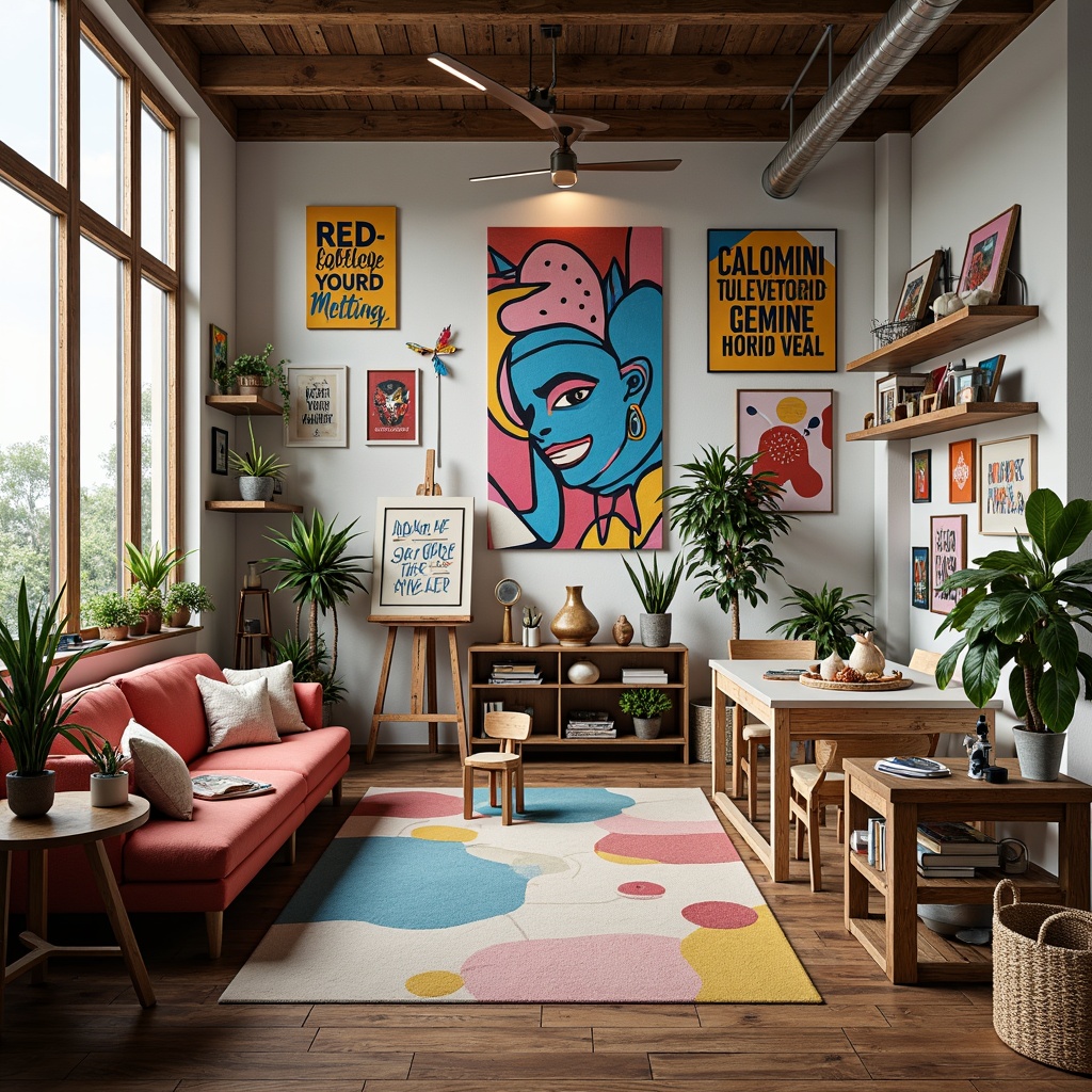 Prompt: Whimsical art studio, eclectic furniture, vibrant color palette, abstract paintings, inspirational quotes, artistic sculptures, rustic wooden tables, modern easels, creative lighting fixtures, natural textiles, woven baskets, potted plants, floor-to-ceiling windows, soft diffused light, shallow depth of field, 1/1 composition, panoramic view, realistic textures, ambient occlusion.