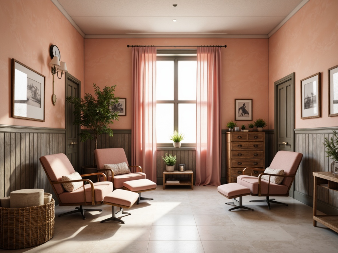 Prompt: Soft peach walls, distressed wood accents, vintage medical equipment, plush velvet armchairs, ornate metal frames, pastel pink curtains, creamy white marble floors, rustic wooden shelves, antique furniture pieces, natural woven baskets, warm beige throw blankets, soft focus lighting, 1/1 composition, intimate atmosphere, realistic textures, subtle ambient occlusion.