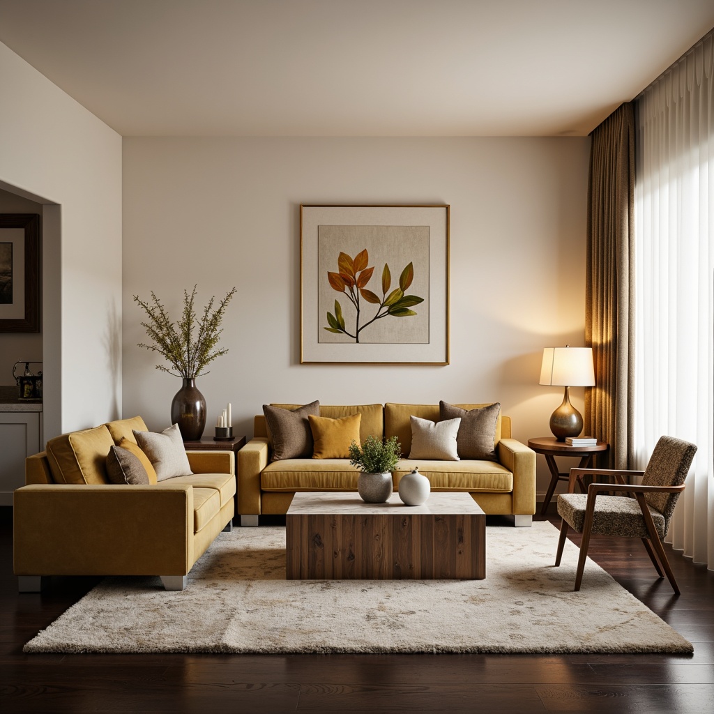 Prompt: Cozy living room, plush sectional sofas, accent chairs, velvet upholstery, golden frames, wooden coffee tables, marble side tables, soft warm lighting, floor lamps, table lamps, abstract artwork, modern minimalist decor, cream-colored walls, dark hardwood floors, thick area rugs, comfortable pillows, stylish vases, fresh flowers, tranquil atmosphere, shallow depth of field, 1/1 composition, realistic textures, ambient occlusion.